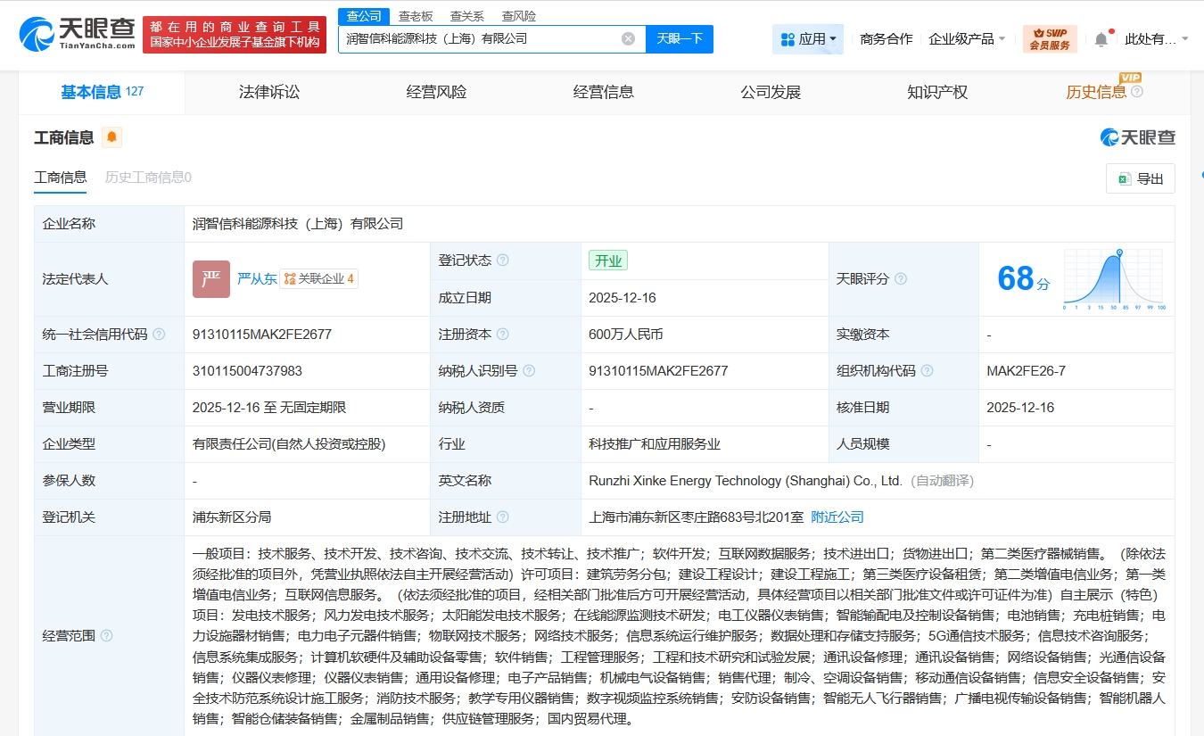 潤健股份上海布局新賽道，能源科技公司正式成立進軍基礎電信業務